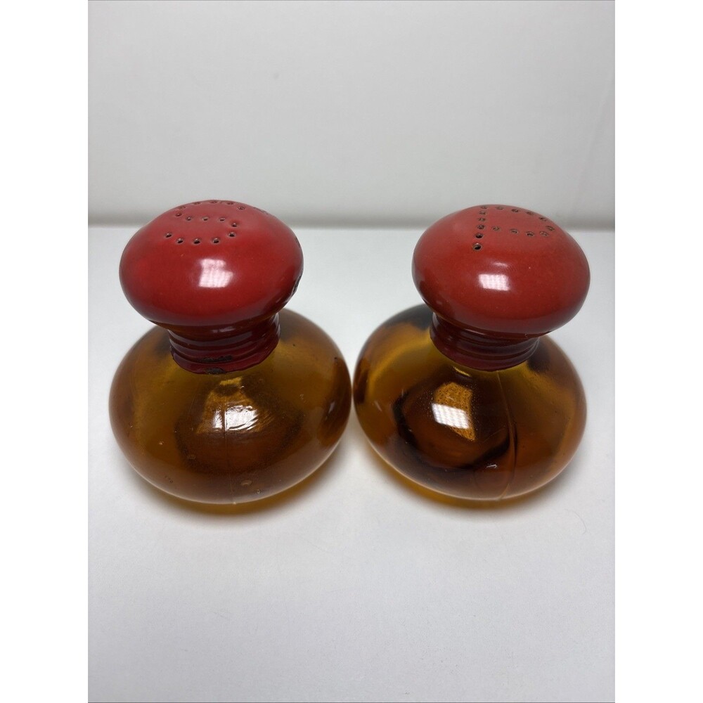 Vintage Amber Glass Salt Pepper Shakers With Red Metal Screw Lids